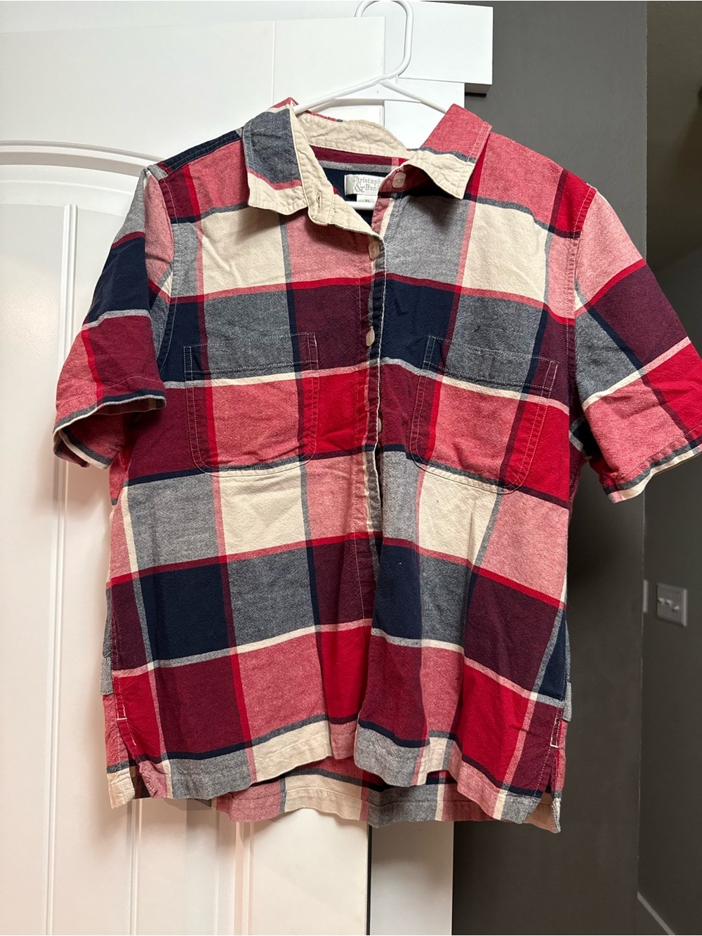 Christopher & Banks Red, Navy & Cream Short-Sleeve Plaid Button-Down